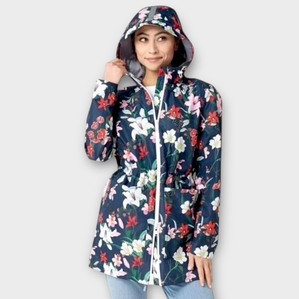 Nuage Navy Floral Print Waterproof Raincoat Size M - Picture 2 of 10